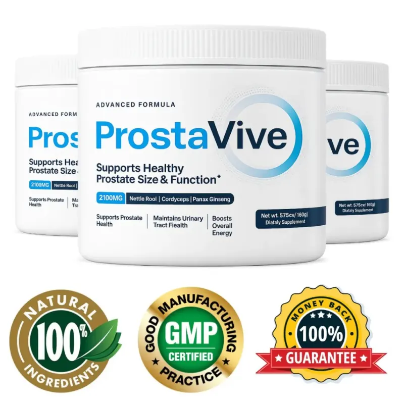 ProstaVive advanced formula 3 bottle prostate support powder with natural GMP and money back badges
